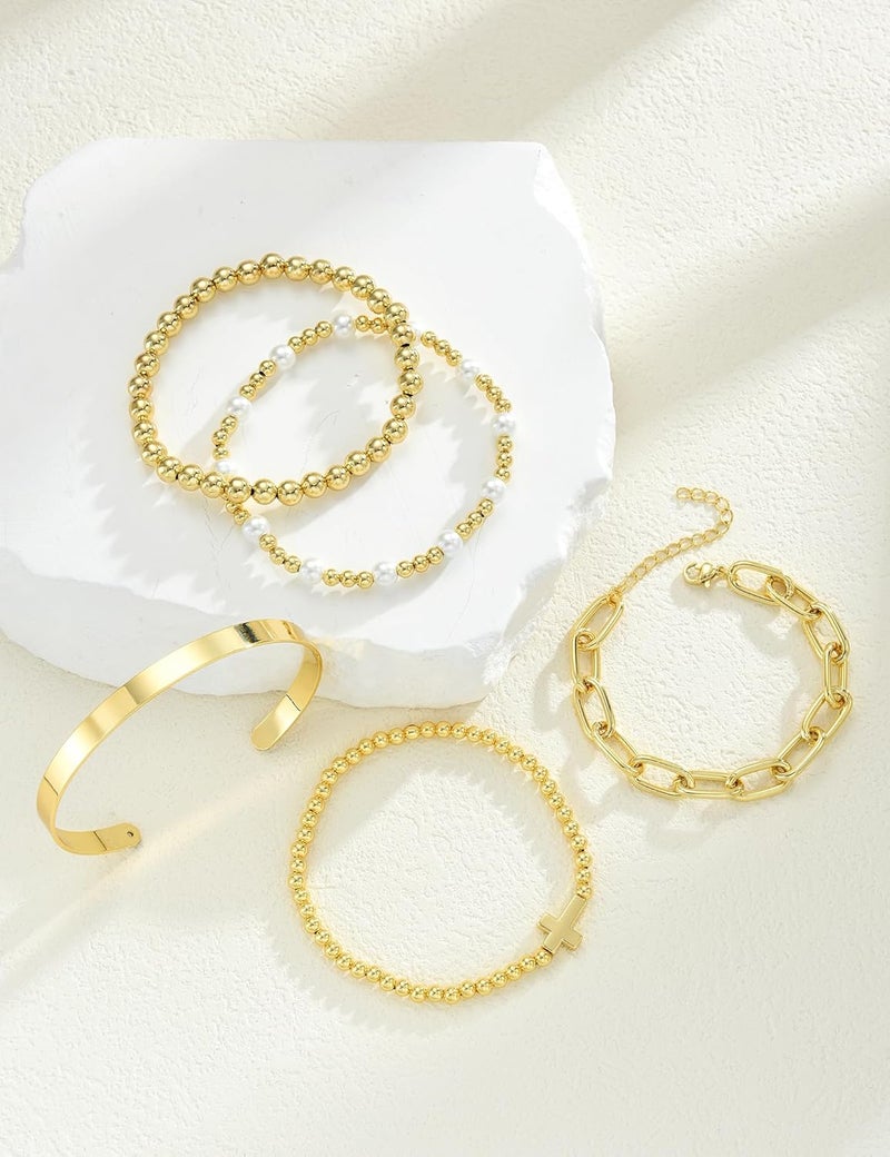 17mile Gold Beaded Bracelets for Women, 5 Pcs Dainty 14K Gold Plated Chunky Stretch Bead Ball Bracelet Stack - Image 5